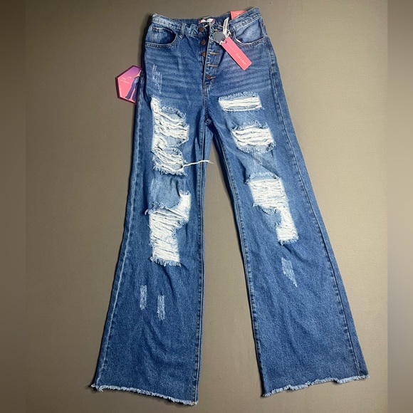 Vibe & Rant Denim High Rise Ripped Wide Leg Flare Jeans - Picture 4 of 16